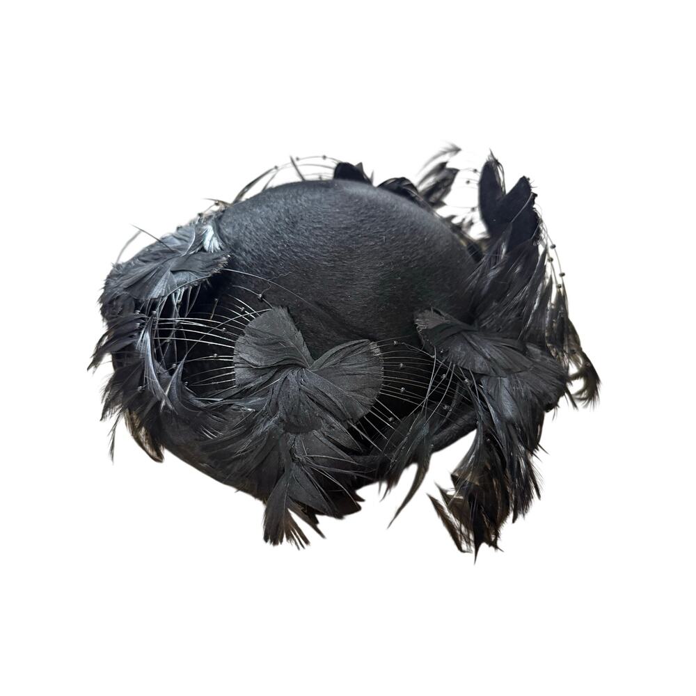 Vintage Jack McConnell Black Feather Pillbox Hat Fascinator Italy